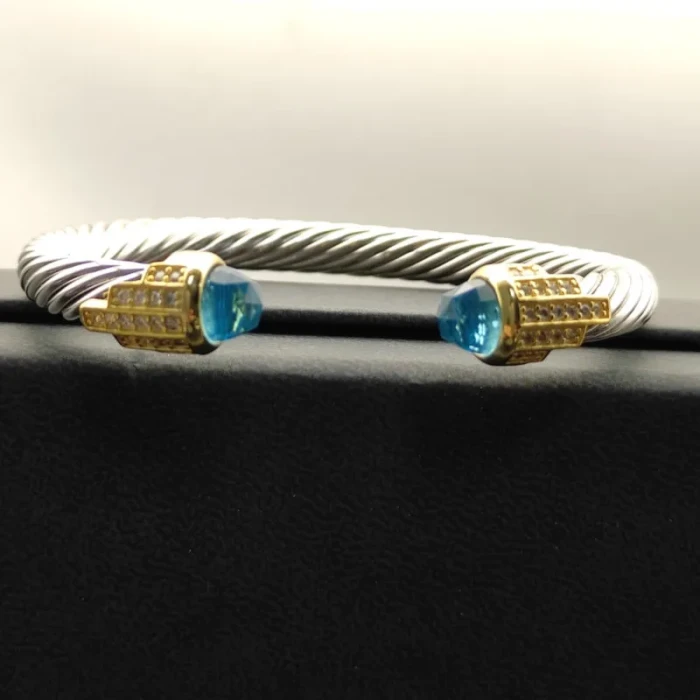 David Yurman 7mm Gold-Tone End Caps Sterling Silver Cable Cuff Bracelet Blue Diamonds