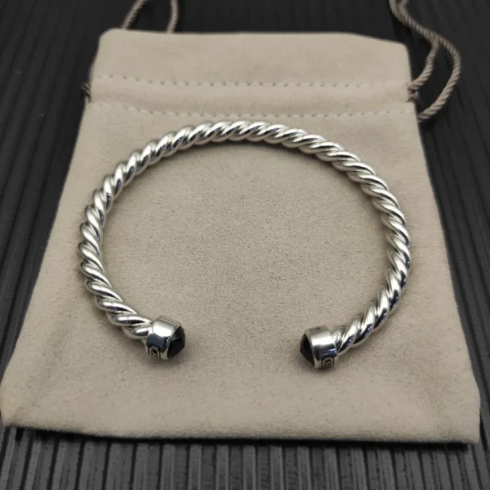 David Yurman 6mm Sterling Silver Black Diamond Cable Cuff Bracelet