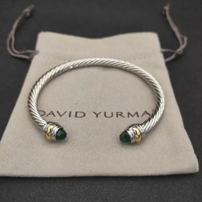 David Yurman 5mm Double-End Cap Cable Cuff Bracelet Deep Green Diamonds
