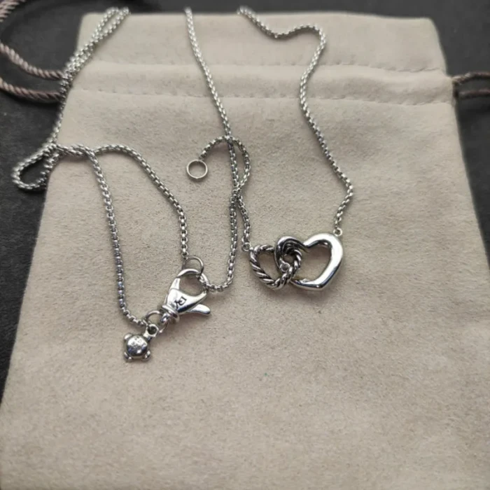 David Yurman Gold and Silver Double Heart Clasp Pendant Necklace, 1.5mm Chain, Length 45cm + 5cm