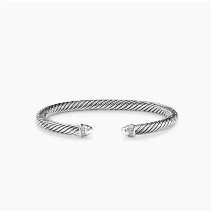 David Yurman 5mm Silver Diamond Round Cuff Bracelet, Fits Wrist Size 16cm - 20cm