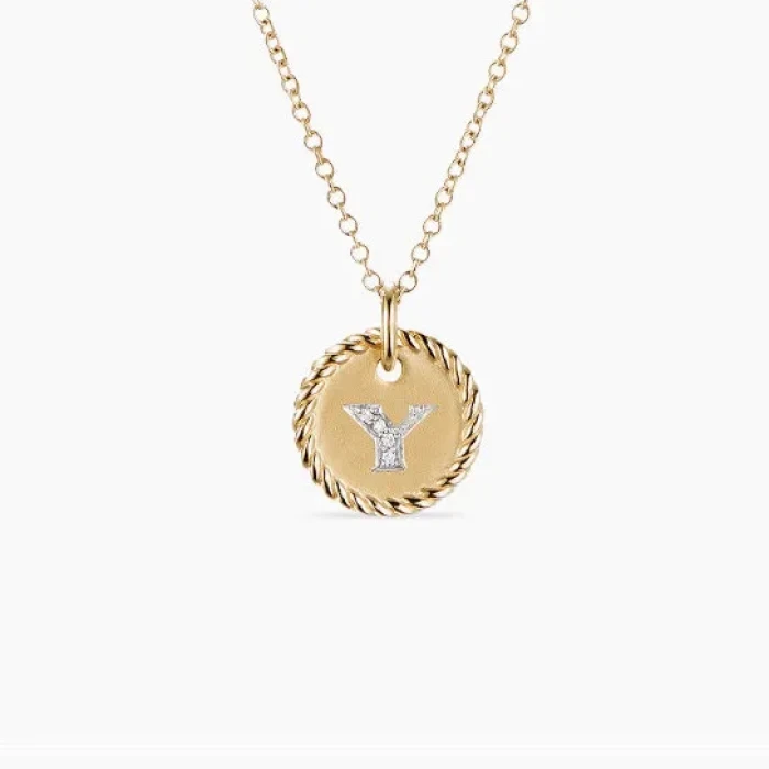 David Yurman Gold Diamond Initial Y Disc Pendant Necklace