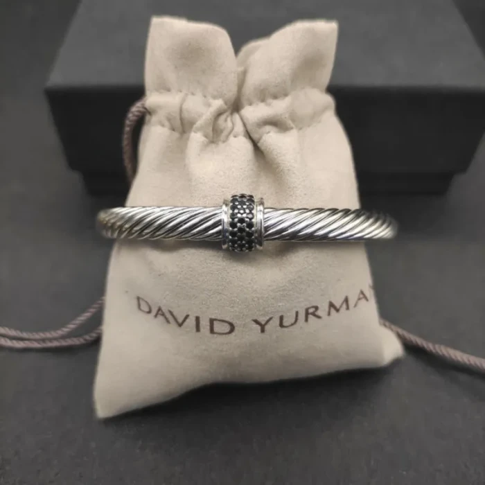 David Yurman 7mm Sterling Silver Cable Cuff Bracelet with Bead End Caps Black Diamonds