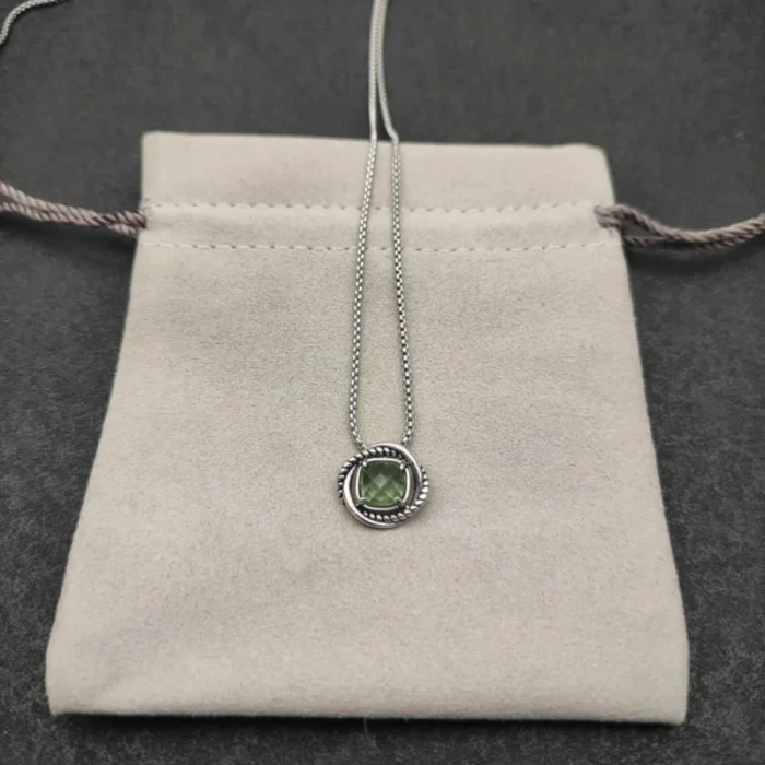 David Yurman 7mm Cable Twist Square Green Diamond Pendant Necklace, 1.5mm Chain, Length 45cm + 5cm