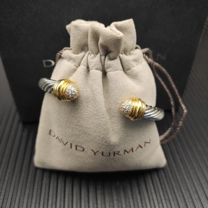 David Yurman 7mm Gold Pavé Half-Diamond Head Cable Cuff Bracelet