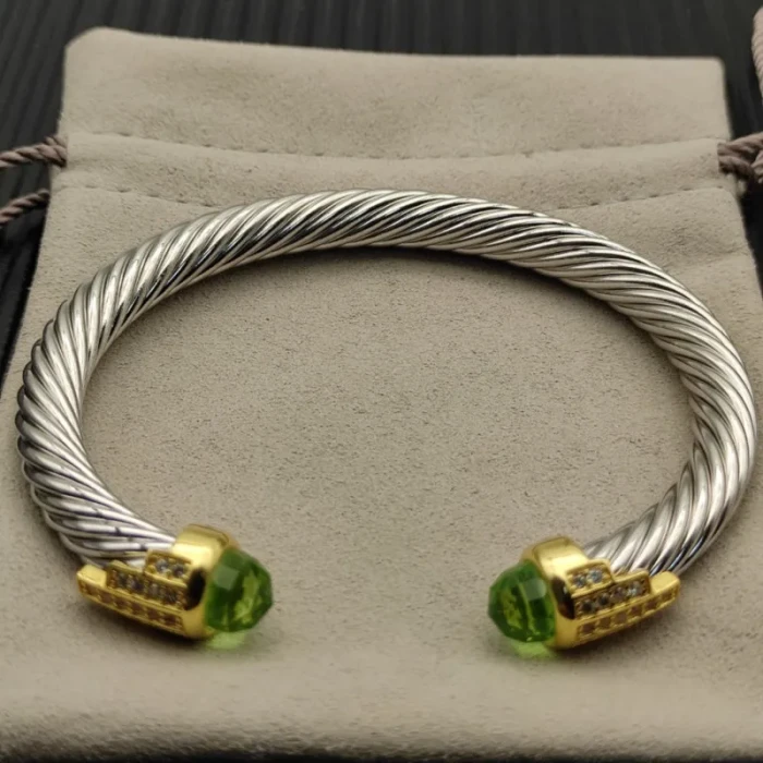 David Yurman 7mm Gold-Tone End Caps Sterling Silver Cable Cuff Bracelet 5-Row Pavé Light Green Diamonds