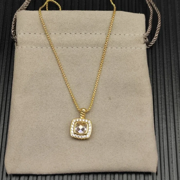 David Yurman Gold Square White Diamond Pendant Necklace, 1.5mm Chain, Length 45cm + 5cm