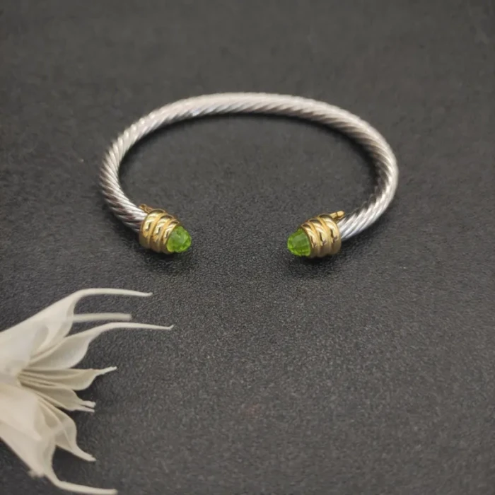 David Yurman 5mm Gold-End Light Green Rectangular Stone Cable Cuff Bracelet