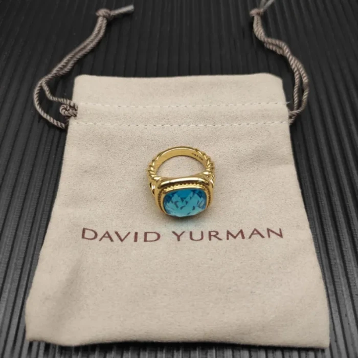 David Yurman Gold 14mm Square Blue Pavé Diamond Ring