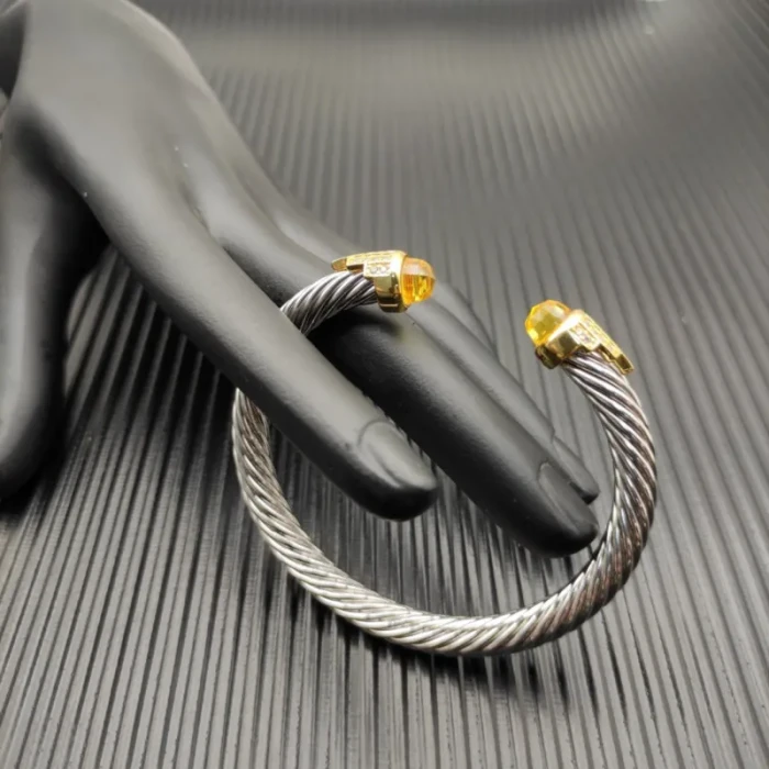 David Yurman 7mm Gold-Tone End Caps Sterling Silver Cable Cuff Bracelet Yellow Diamonds