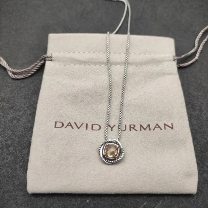 David Yurman 7mm Cable Twist Square Champagne Diamond Pendant Necklace, 1.5mm Chain, Length 45cm + 5cm
