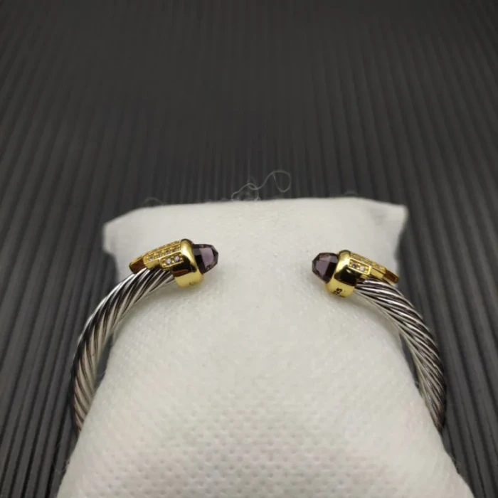 David Yurman 5mm Silver Cable Bracelet with Gold Station and Five-Row Pavé Purple Diamond Accent