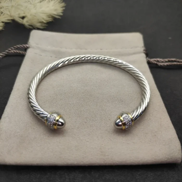 David Yurman 5mm Gold and Silver Pavé Diamond Round Cuff Bracelet, Fits Wrist Size 16cm - 20cm