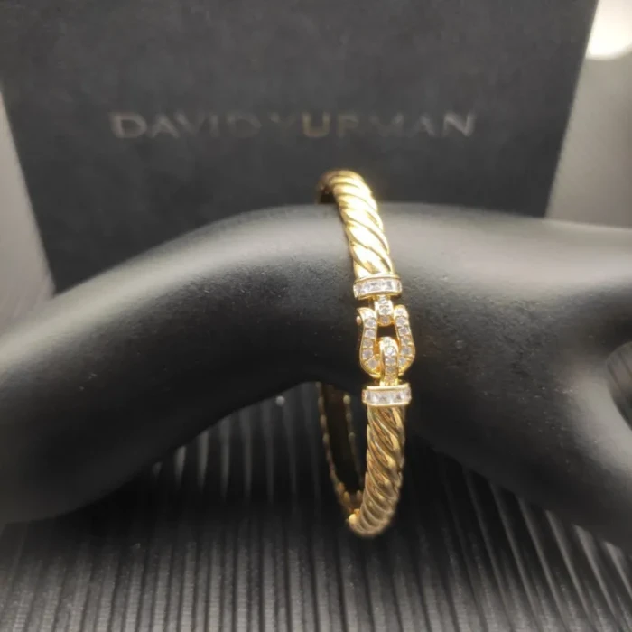 David Yurman 6.2mm Gold Pavé Hook Clasp Engraved Wave Bracelet