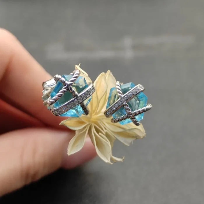 David Yurman 11mm Hexagon Diamond Blue Crystal Stud Earrings
