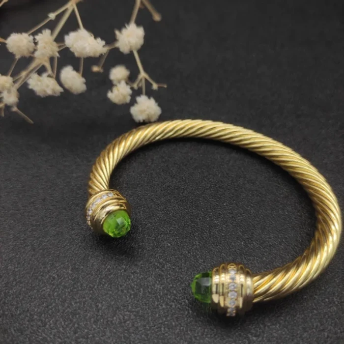 David Yurman Gold Tone 7mm Light Green Diamond End Cuff Bracelet