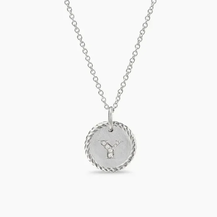 David Yurman Silver Diamond Letter Y Round Pendant Necklace, Length 42cm + 3cm + 3cm
