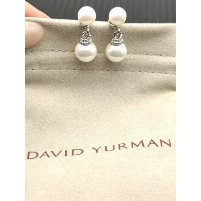 David Yurman Silver 8mm and 10mm Double Pearl Drop Earrings