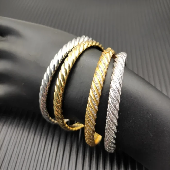 David Yurman Silver-Tone Diamond 6.2mm Sculpted Wave Cuff Bracelet