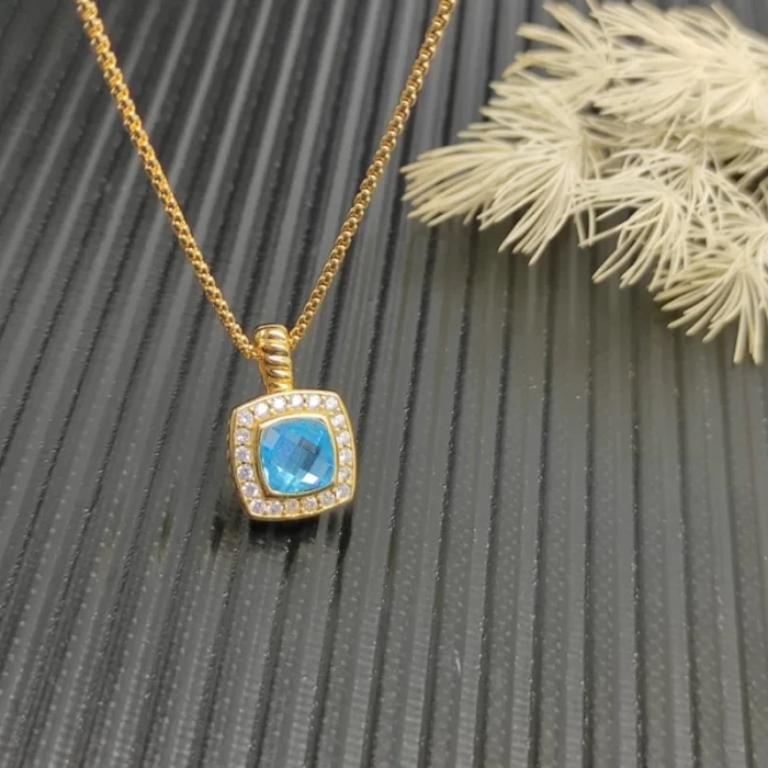 David Yurman Gold Square Blue Diamond Pendant Necklace, 1.5mm Chain, Length 45cm + 5cm