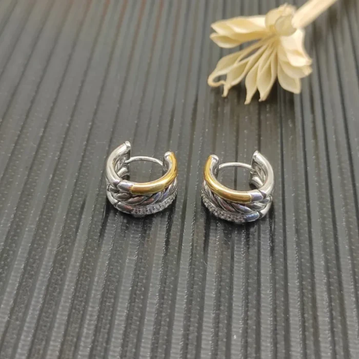 David Yurman Gold and Silver Pavé 14mm Huggie Hoop Earrings