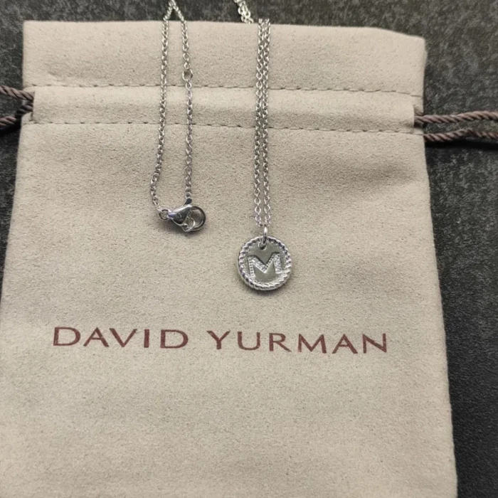 David Yurman Silver Diamond Letter M Round Pendant Necklace, Length 42cm + 3cm + 3cm