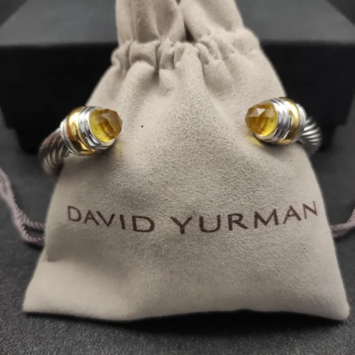 David Yurman 7mm Gold and Silver Double End Cap Yellow Diamond Cable Bracelet