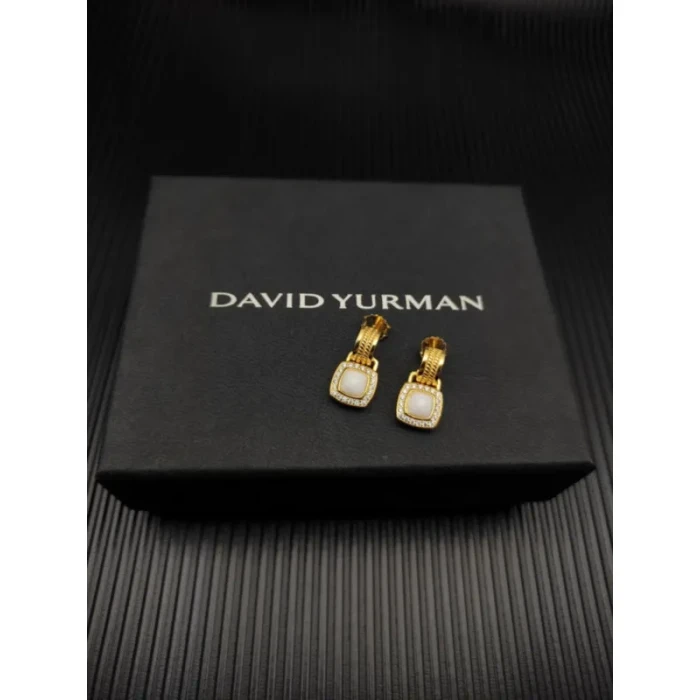 David Yurman Gold White Agate Square Cable Drop Earrings