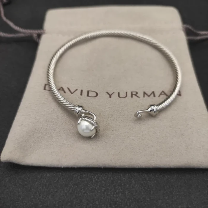 David Yurman Silver 3mm Pearl Cable Cuff Bracelet