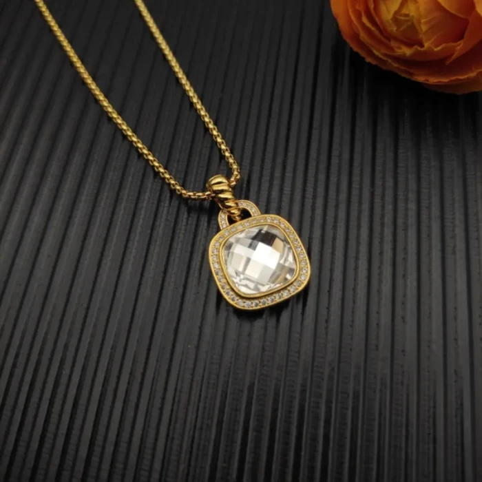 David Yurman Gold 14mm Square White Diamond Necklace