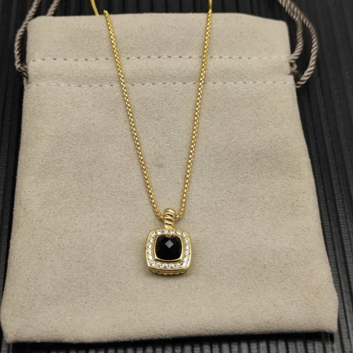 David Yurman Gold Square Black Diamond Pendant Necklace, 1.5mm Chain, Length 45cm + 5cm