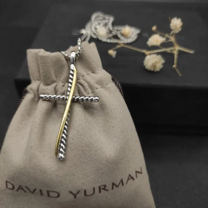 David Yurman Silver and Gold Cross Pendant Necklace with Cable Bar Details