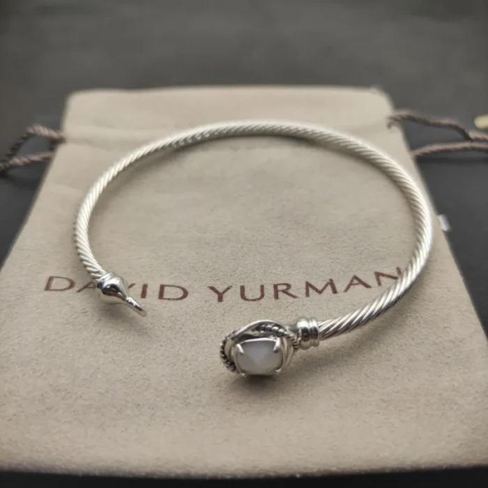 David Yurman 3mm Cable Classic Four-Point White Agate Diamond Cuff Bracele