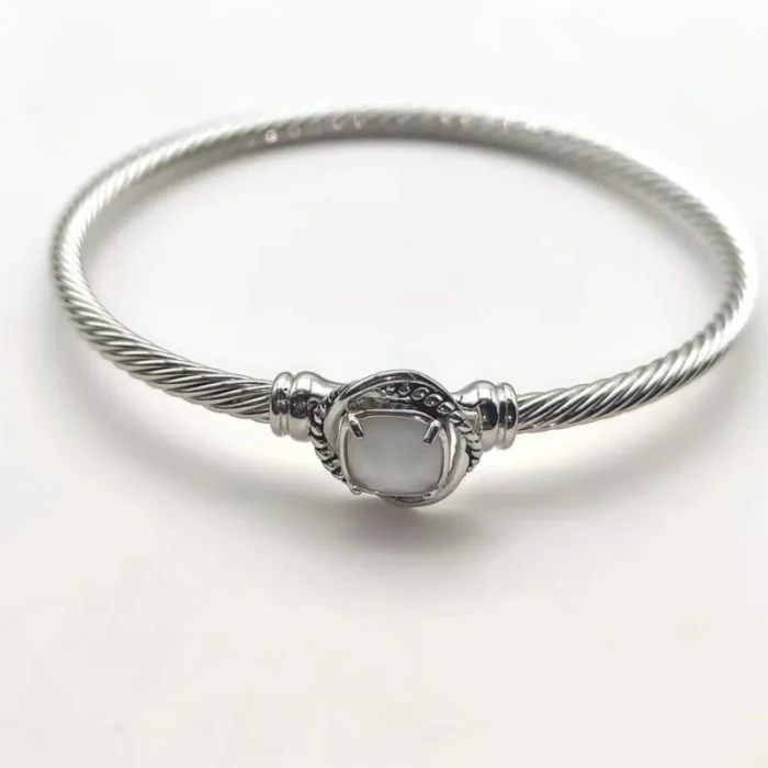 David Yurman 3mm Cable Classic Four-Point White Agate Diamond Cuff Bracele
