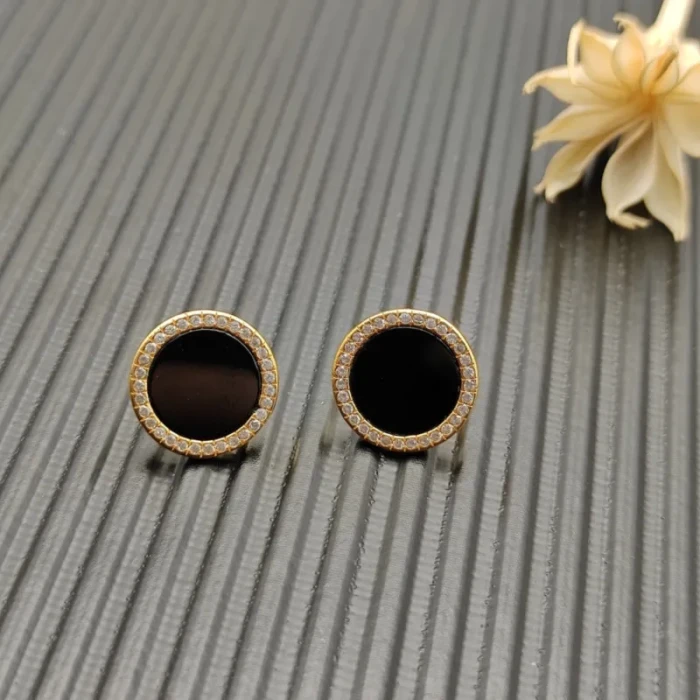 David Yurman 14mm Gold Black Onyx Diamond Circle Stud Earrings