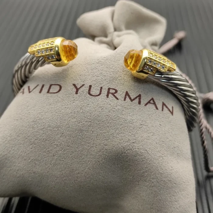 David Yurman 7mm Gold-Tone End Caps Sterling Silver Cable Cuff Bracelet Yellow Diamonds