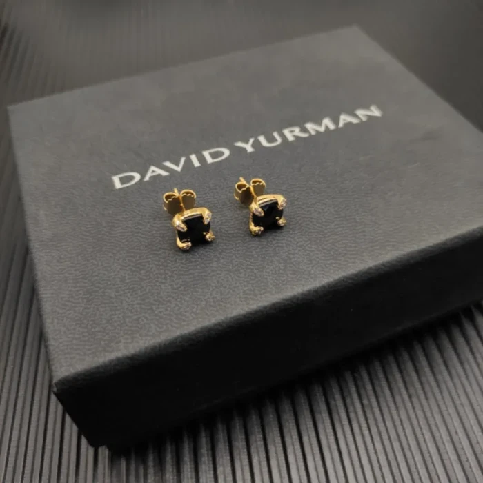 David Yurman 8mm Gold Four-Prong Black Diamond Stud Earrings