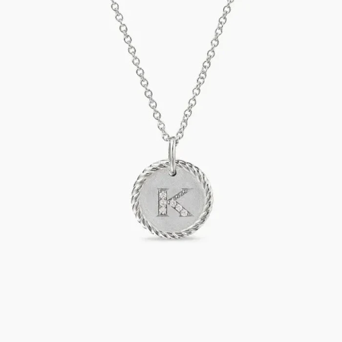 David Yurman Silver Diamond Letter K Round Pendant Necklace, Length 42cm + 3cm + 3cm
