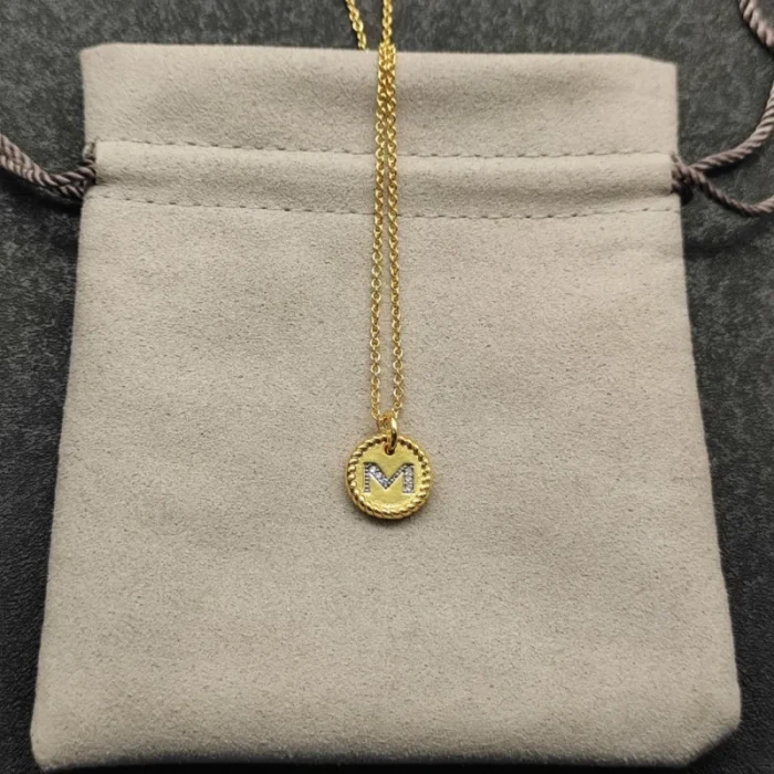 David Yurman Silver Diamond Letter M Round Pendant Necklace, Length 42cm + 3cm + 3cm