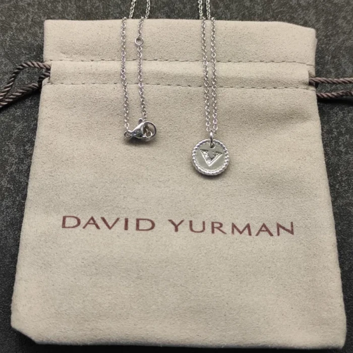 David Yurman Silver Diamond Letter V Round Pendant Necklace, Length 42cm + 3cm + 3cm