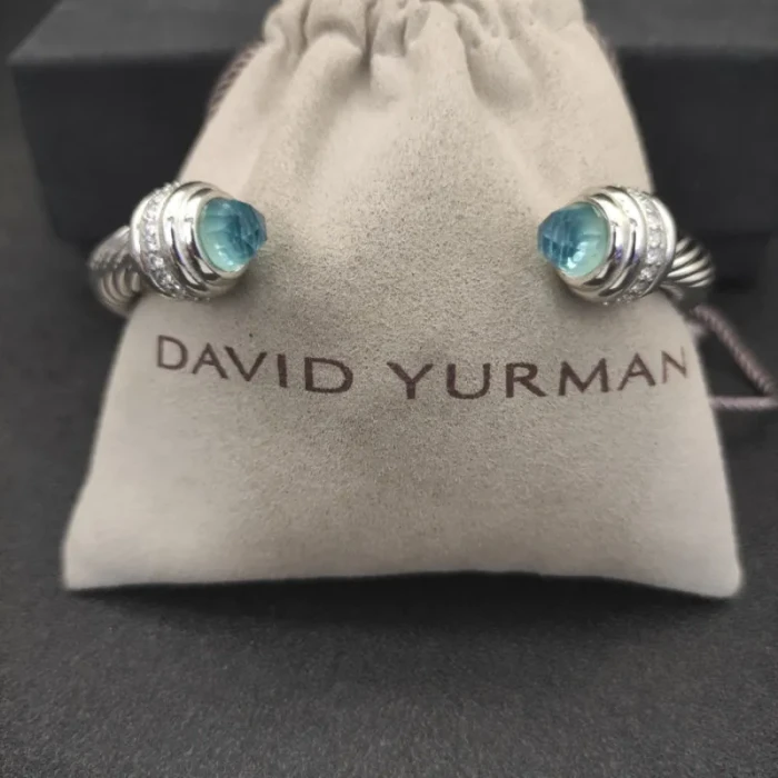 David Yurman 7mm Cable Bracelet with Blue Pavé End Caps