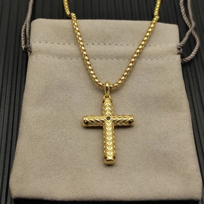 David Yurman Gold Chevron Cross White Diamond Necklace