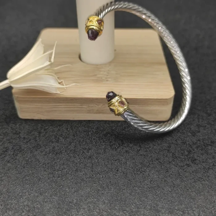 David Yurman 5mm Gold Cable Bracelet with Faceted Edge Design and Purple Diamonds