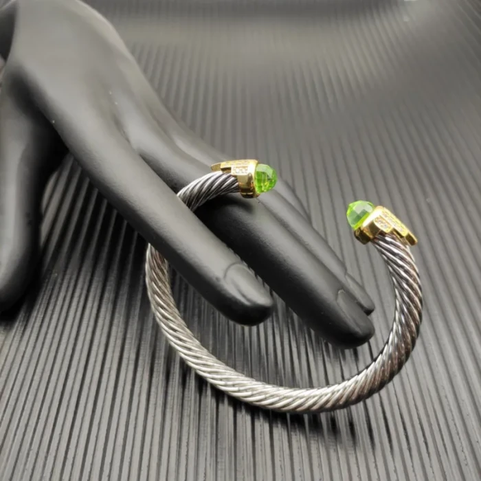 David Yurman 7mm Gold-Tone End Caps Sterling Silver Cable Cuff Bracelet 5-Row Pavé Light Green Diamonds