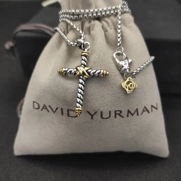 David Yurman Gold and Silver Cross Pendant Necklace with Cable Details