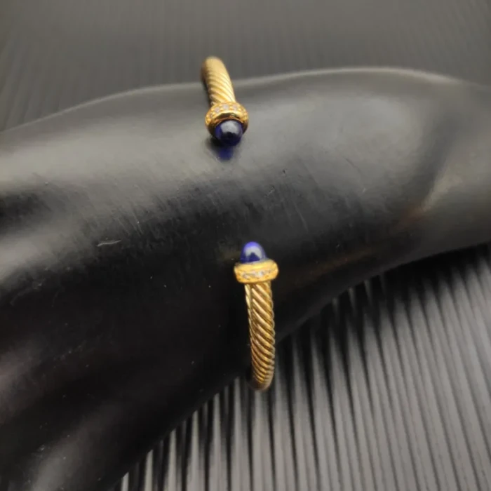 David Yurman 4mm Gold Deep Blue Sapphire Diamond Bangle Bracelet