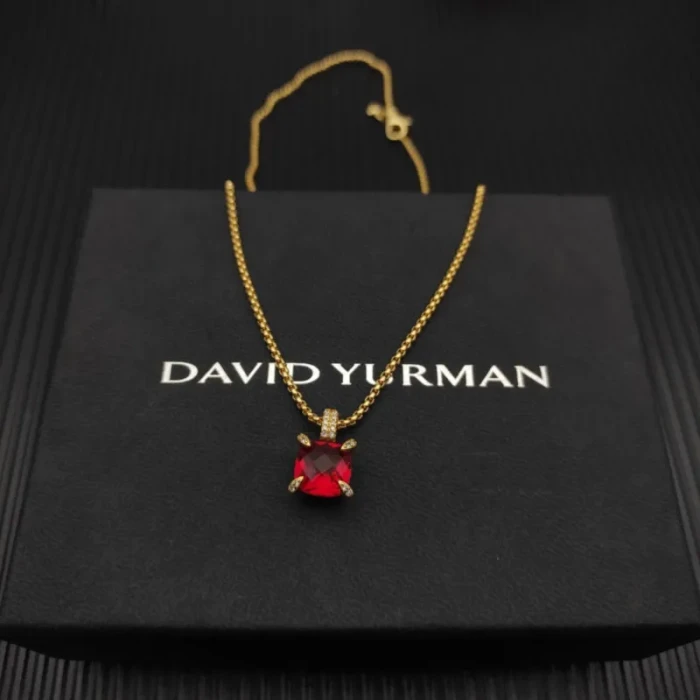 David Yurman Gold 11mm Four-Prong Red Diamond Necklace