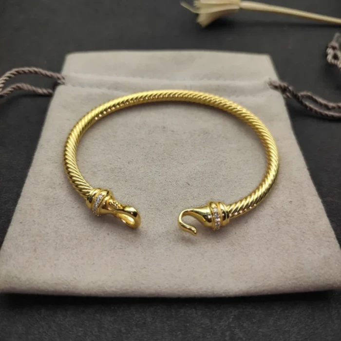 David Yurman 4mm Gold Diamond Hook Cuff Bracelet, Fits Wrist Size 16cm - 20cm