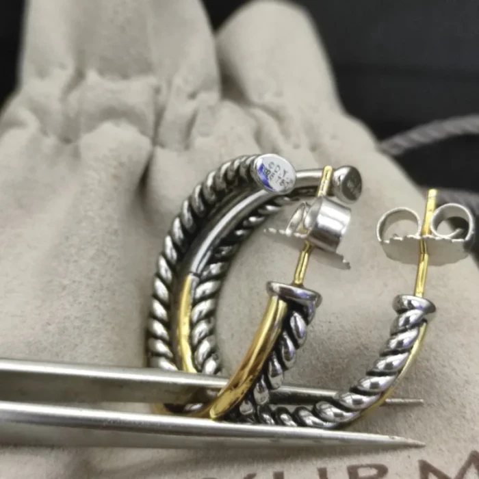 David Yurman Cable Hoop Earrings with Cylindrical Gold and Silver Accent