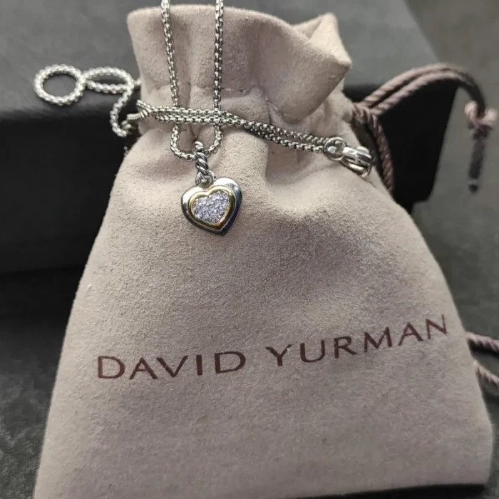 David Yurman 17×11mm Heart Pavé Diamond Necklace, 1.5mm Chain, 45+5cm Adjustable Length
